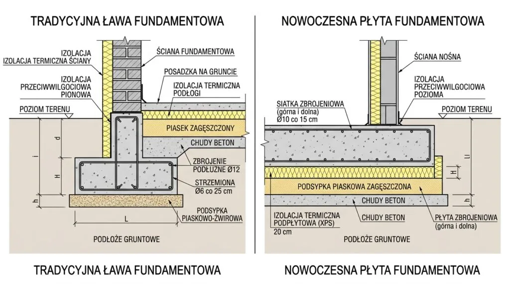 Schemat porównawczy budowy ławy fundamentowej i płyty fundamentowej