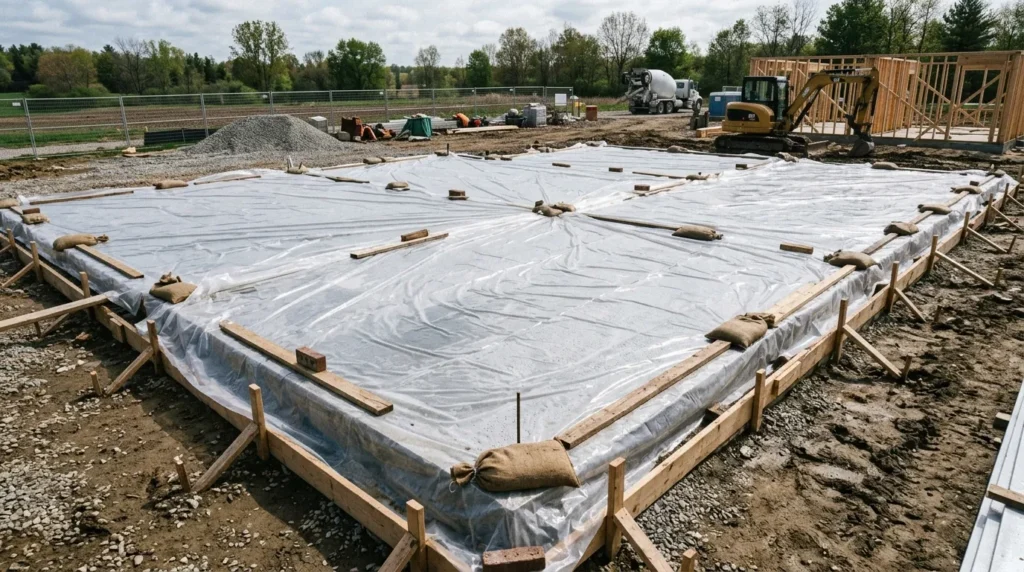 Pielęgnacja świeżego betonu fundamentów przykrytego folią