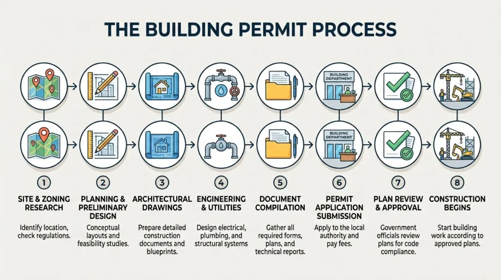 Diagram przedstawiający kolejne kroki procedury uzyskania pozwolenia na budowę
