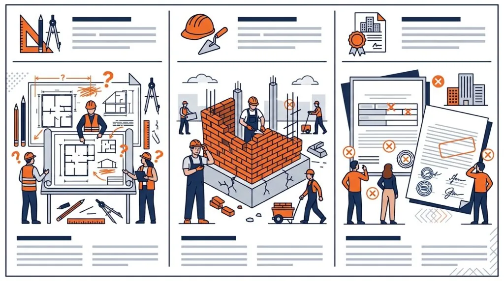 Infografika przedstawiająca trzy kategorie błędów przy budowie domu