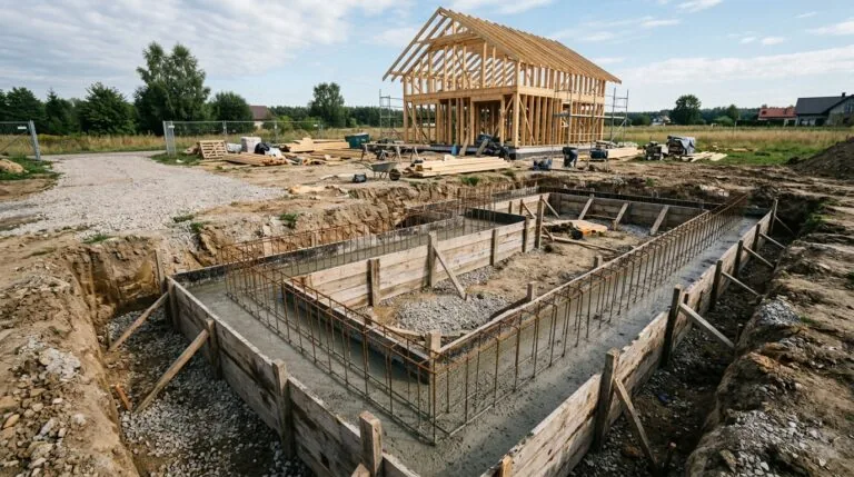 Wylana ława fundamentowa ze zbrojeniem stalowym na budowie domu jednorodzinnego