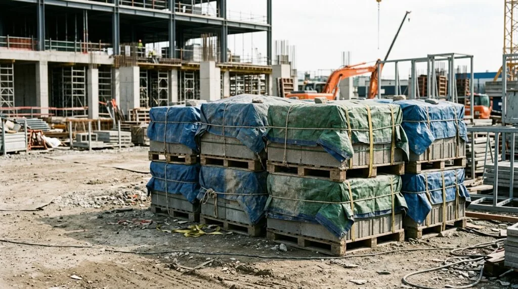  Palety z materiałami budowlanymi zabezpieczone folią na placu budowy