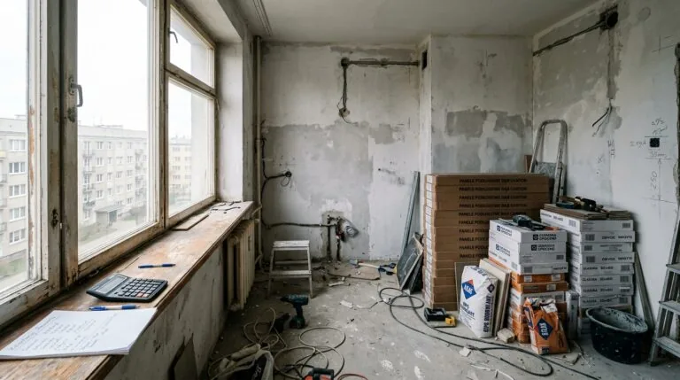 Wnętrze mieszkania w trakcie remontu z materiałami budowlanymi ilustrujące koszt remontu za m²