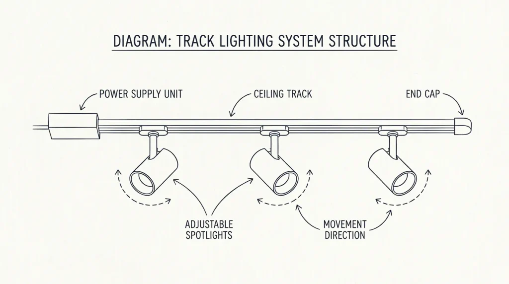 Diagram budowy oświetlenia szynowego z zasilaczem, zaślepkami i reflektorami