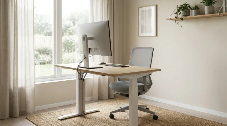 Ergonomiczne biurko do home office ustawione przy oknie z regulowaną wysokością i fotelem biurowym