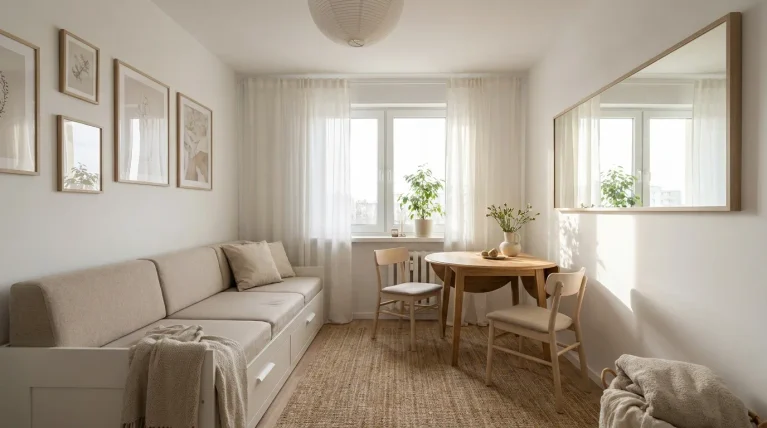 Mały jasny salon w bloku z modułową sofą i okrągłym stołem przy oknie