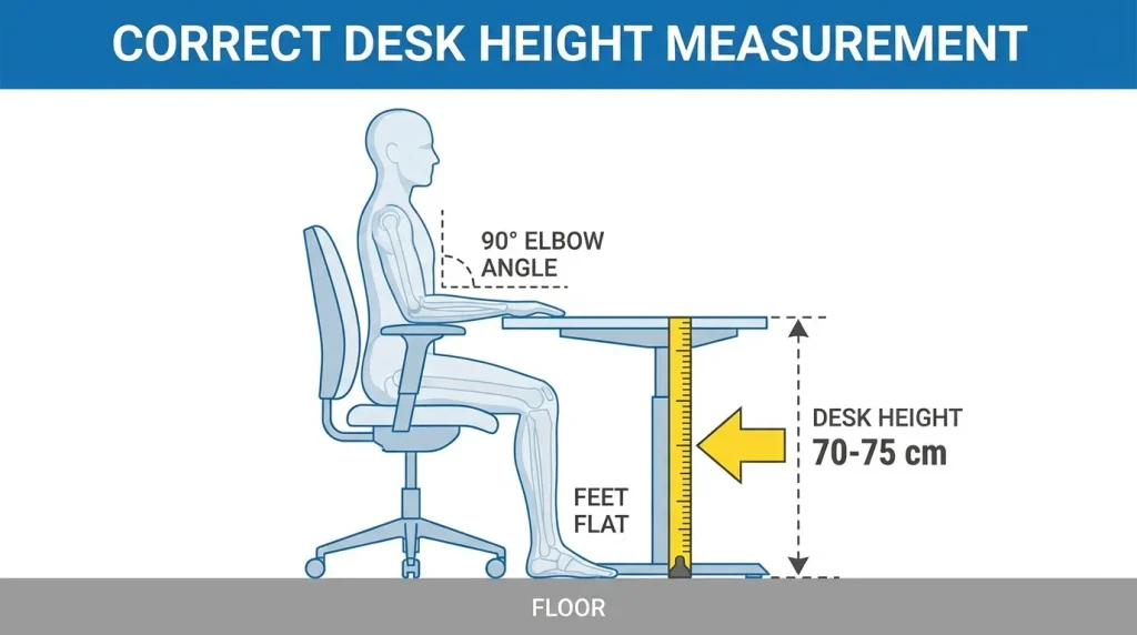 Diagram pokazujący jak zmierzyć ergonomiczną wysokość biurka do pracy siedzącej